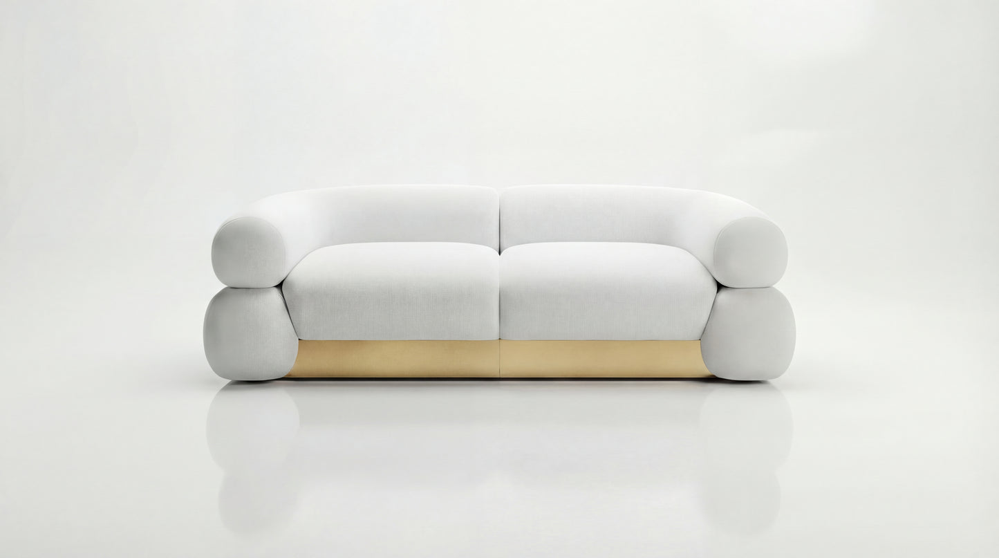 Modern white sofa with wooden base on a white background
