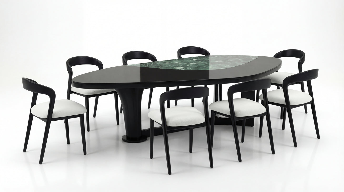 MARMO Dining Room side angle showing Indian Green marble table with six dark wood chairs by NOAH Furniture