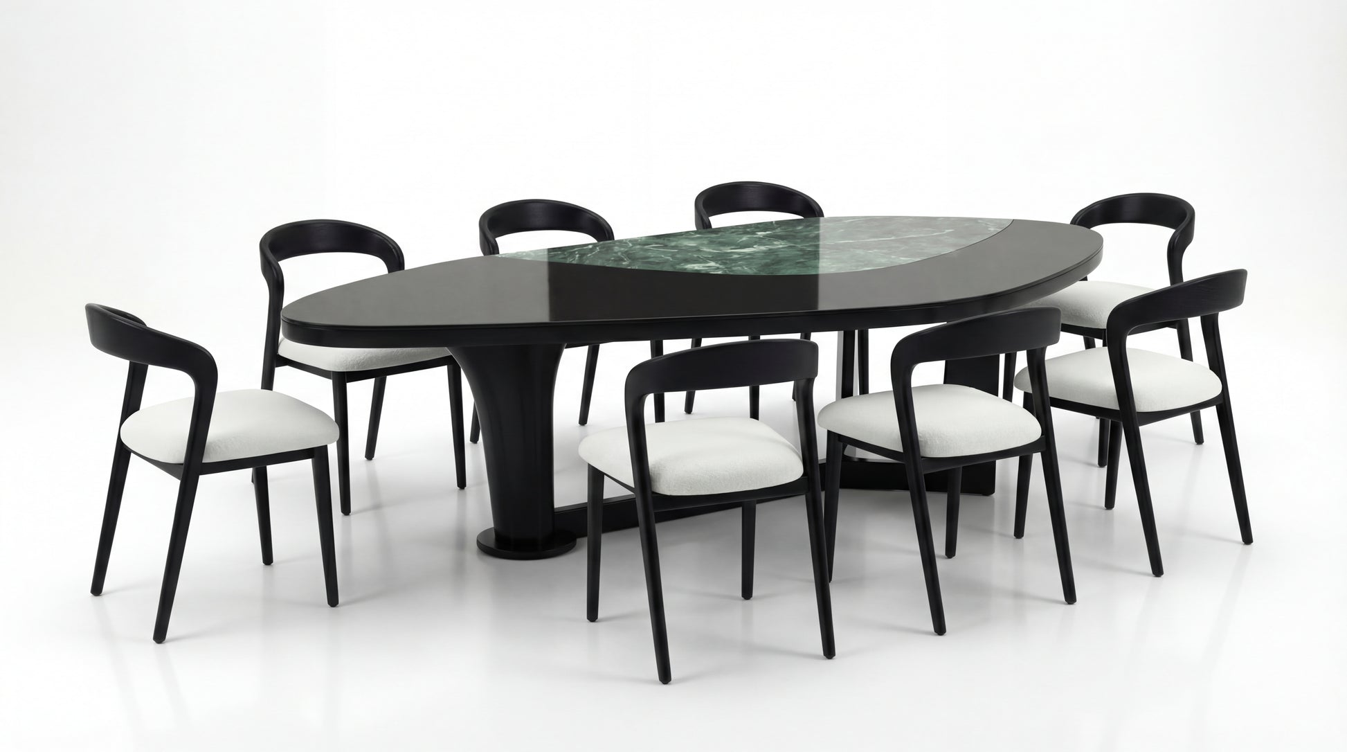 MARMO Dining Room side angle showing Indian Green marble table with six dark wood chairs by NOAH Furniture