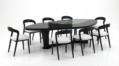 MARMO Dining Room side angle showing Indian Green marble table with six dark wood chairs by NOAH Furniture