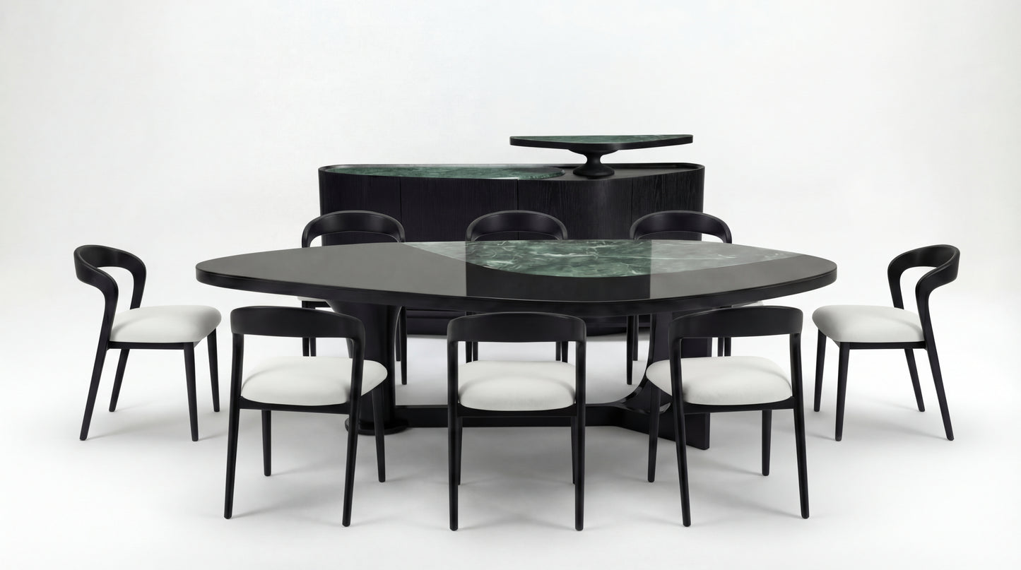 MARMO Dining Room set with Indian Green marble dining table and dark wood chairs with white upholstered seats by NOAH Furniture