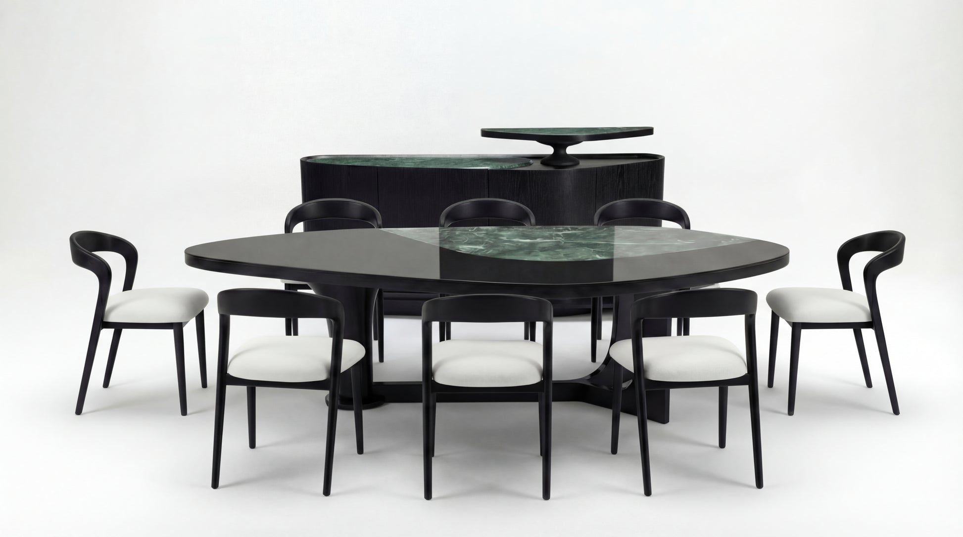 MARMO Dining Room set with Indian Green marble dining table and dark wood chairs with white upholstered seats by NOAH Furniture