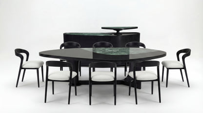 MARMO Dining Room set with Indian Green marble dining table and dark wood chairs with white upholstered seats by NOAH Furniture