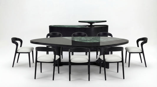 MARMO Dining Room set with Indian Green marble dining table and dark wood chairs with white upholstered seats by NOAH Furniture