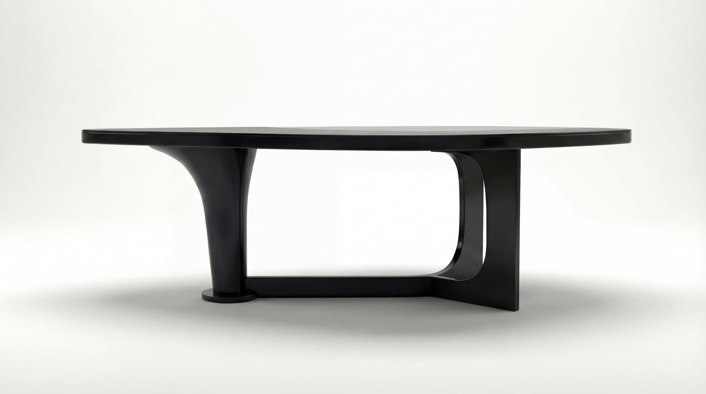 MARMO Dining Table side view showing sculptural dark wood base by NOAH Furniture
