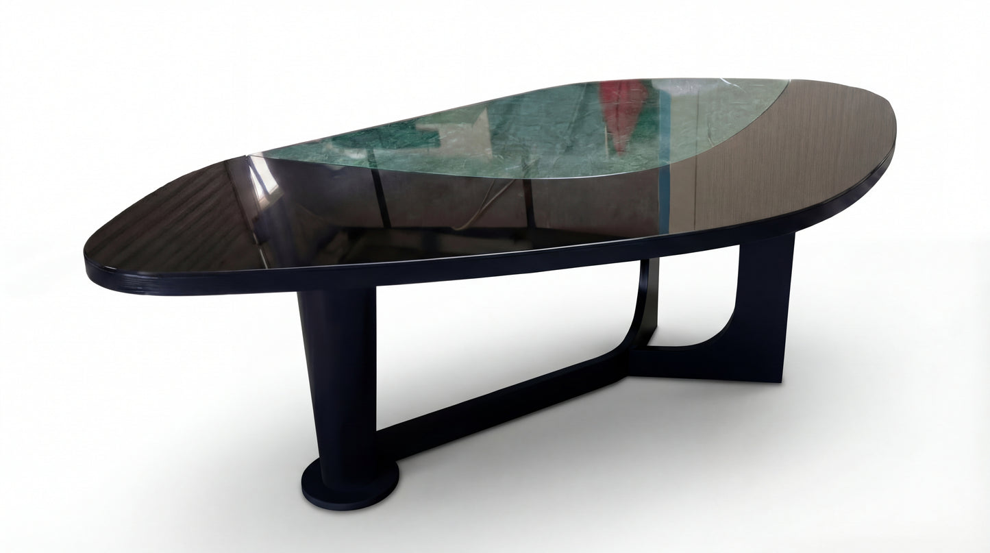 MARMO Dining Table with Indian Green marble top and dark sculptural wood base from the MARMO Dining Room collection by NOAH Furniture