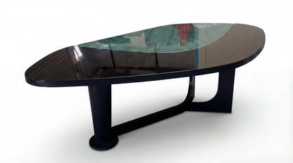 MARMO Dining Table with Indian Green marble top and dark sculptural wood base from the MARMO Dining Room collection by NOAH Furniture