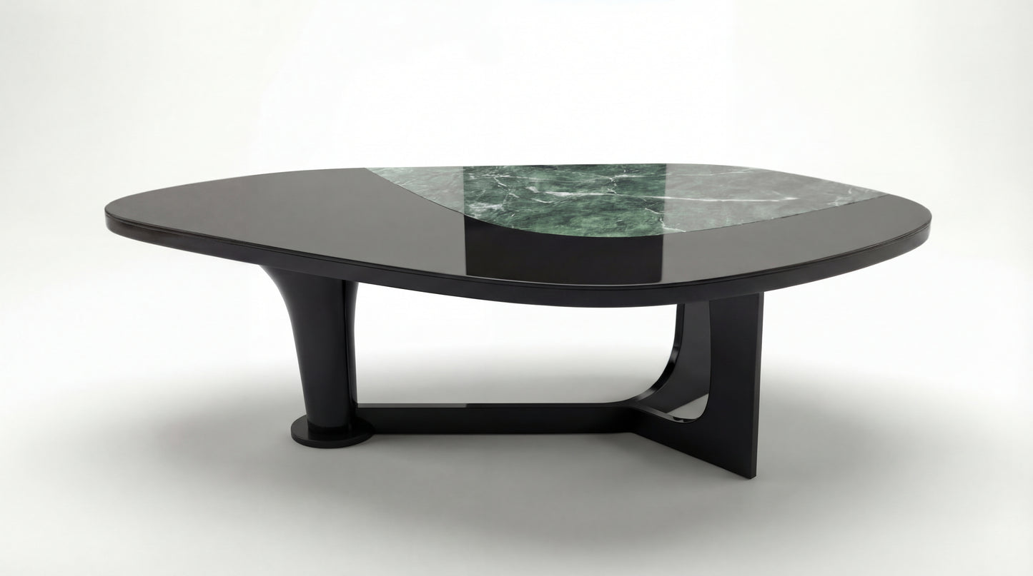 MARMO Dining Table close-up showing Indian Green marble inlay detail by NOAH Furniture
