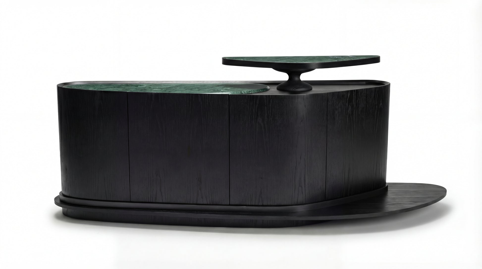 MARMO buffet  front view with Indian Green marble top and dark sculptural wood base from the MARMO Dining Room collection by NOAH Furniture