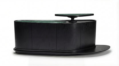MARMO buffet  front view with Indian Green marble top and dark sculptural wood base from the MARMO Dining Room collection by NOAH Furniture