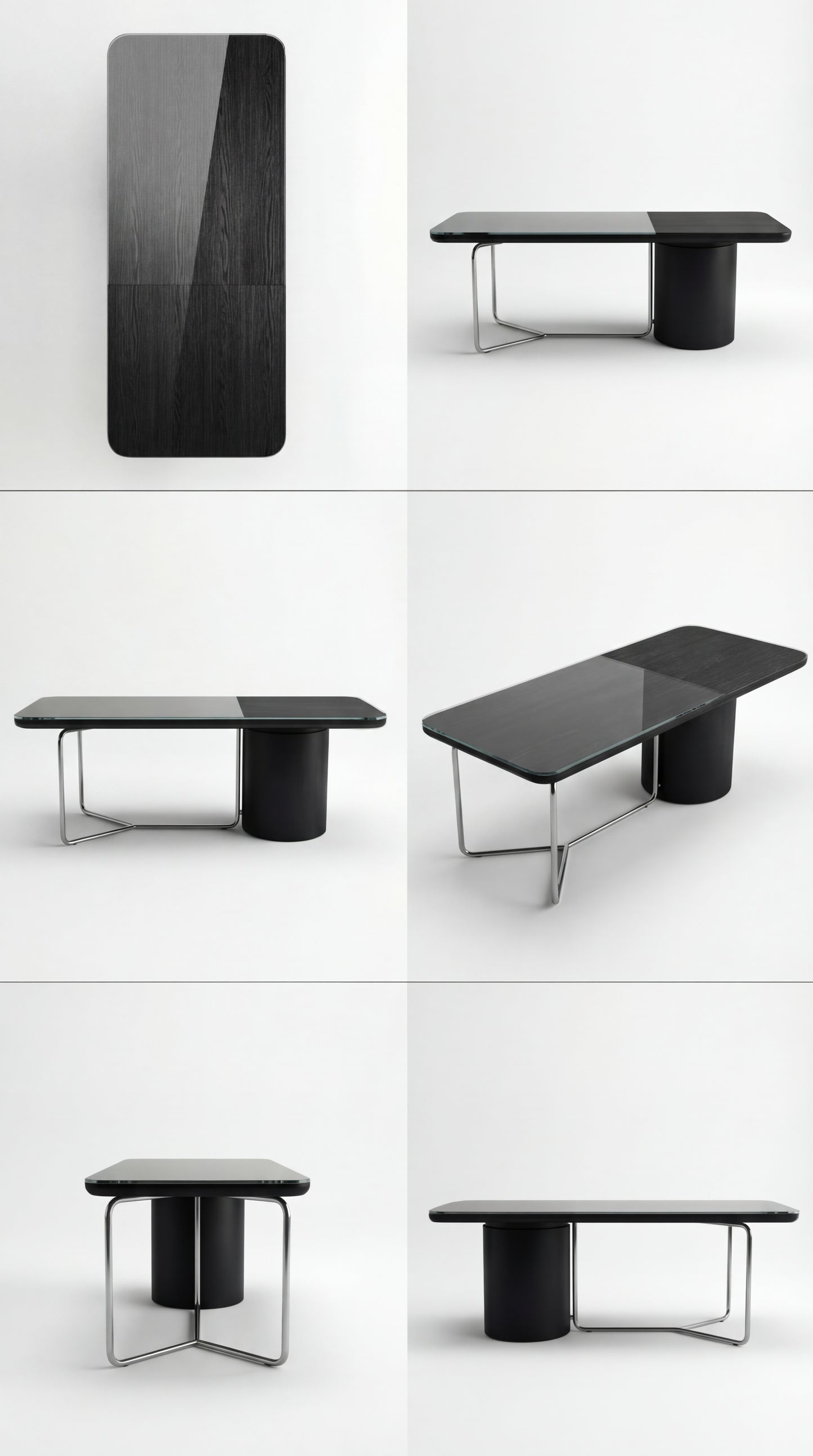 Collage of a black dining table in various poses on a white background