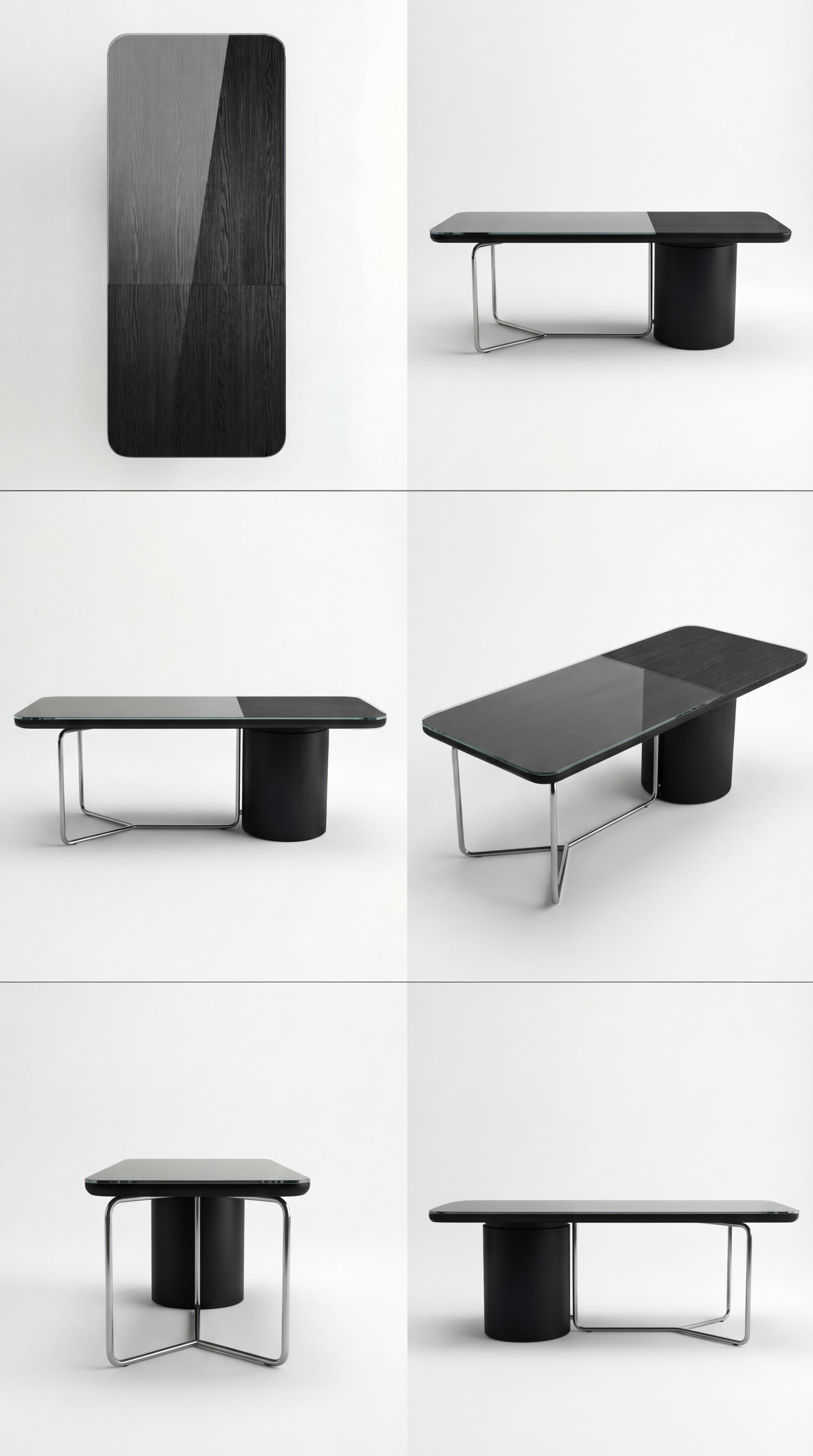 Collage of a black dining table in various poses on a white background