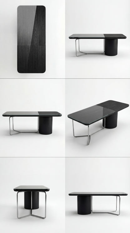Collage of a black dining table in various poses on a white background
