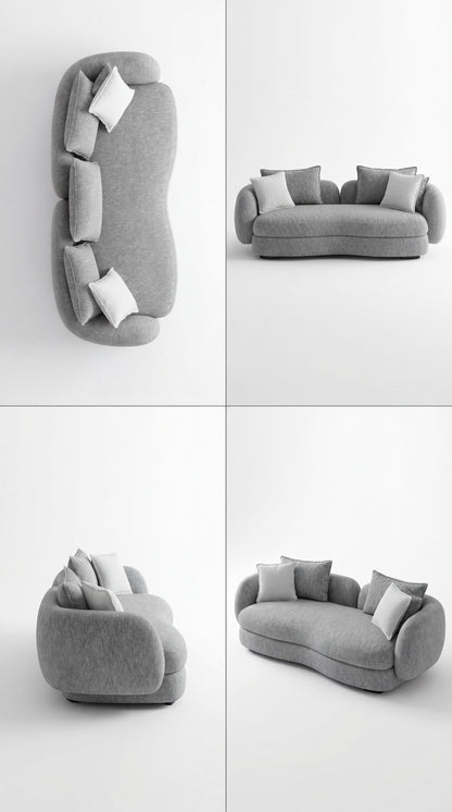 Collage of a gray sofa in various poses on a white background