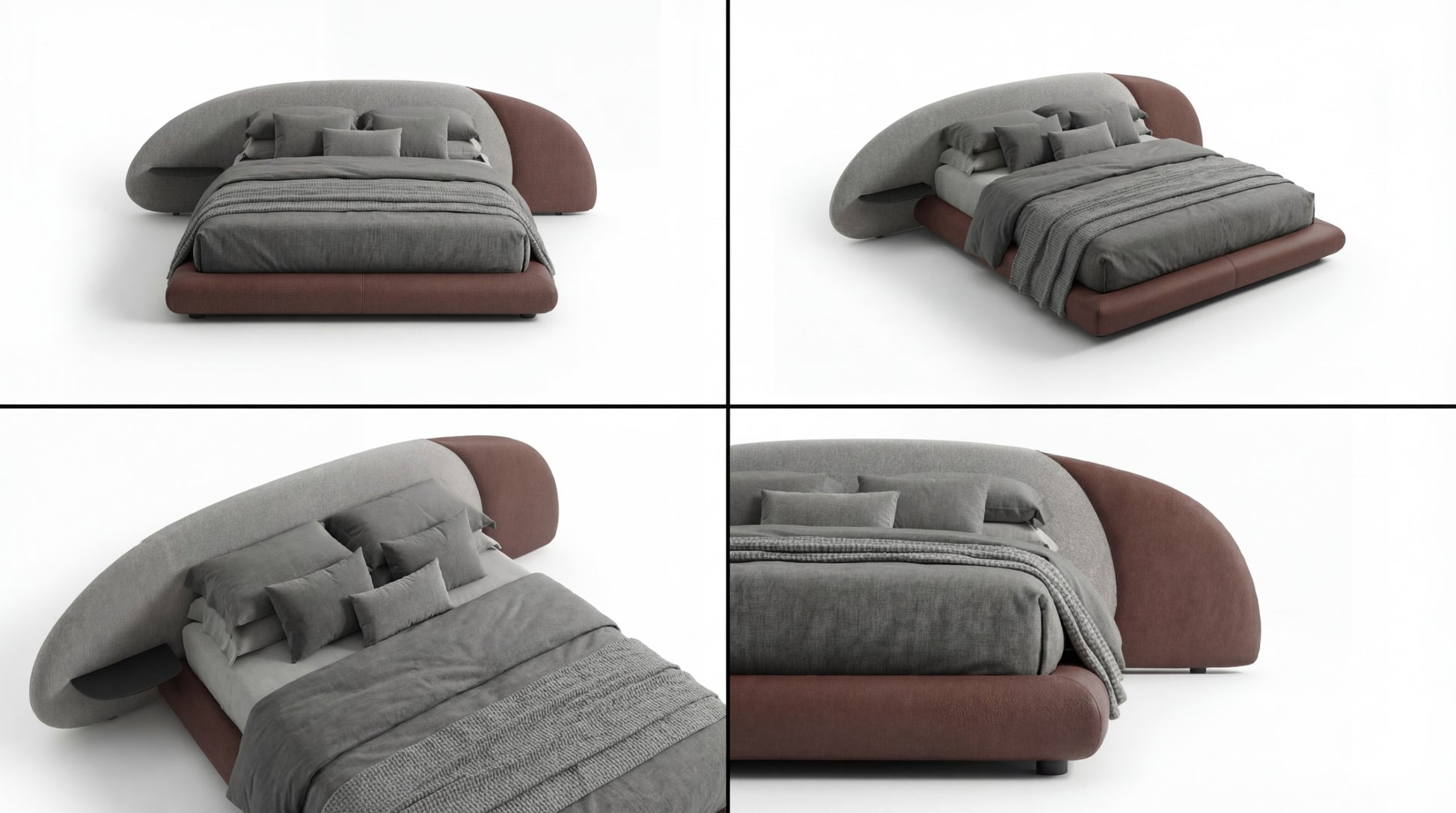 Collapsible bed with gray mattress and brown frame in four different angles on a white background
