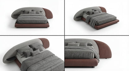 Collapsible bed with gray mattress and brown frame in four different angles on a white background