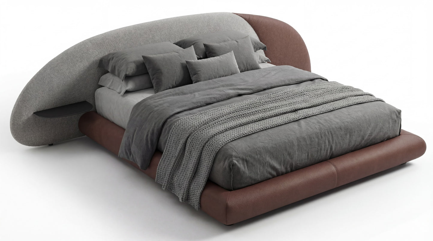Modern bed with brown frame and gray bedding on a white background
