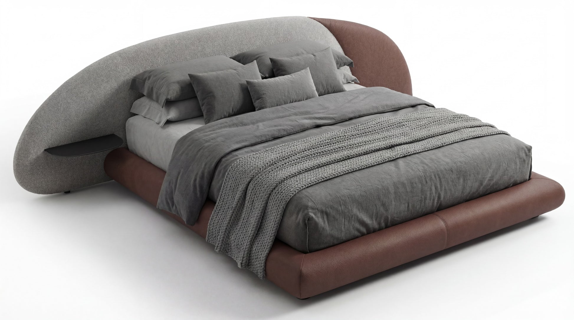Modern bed with brown frame and gray bedding on a white background