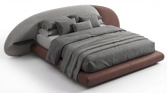 Modern bed with brown frame and gray bedding on a white background