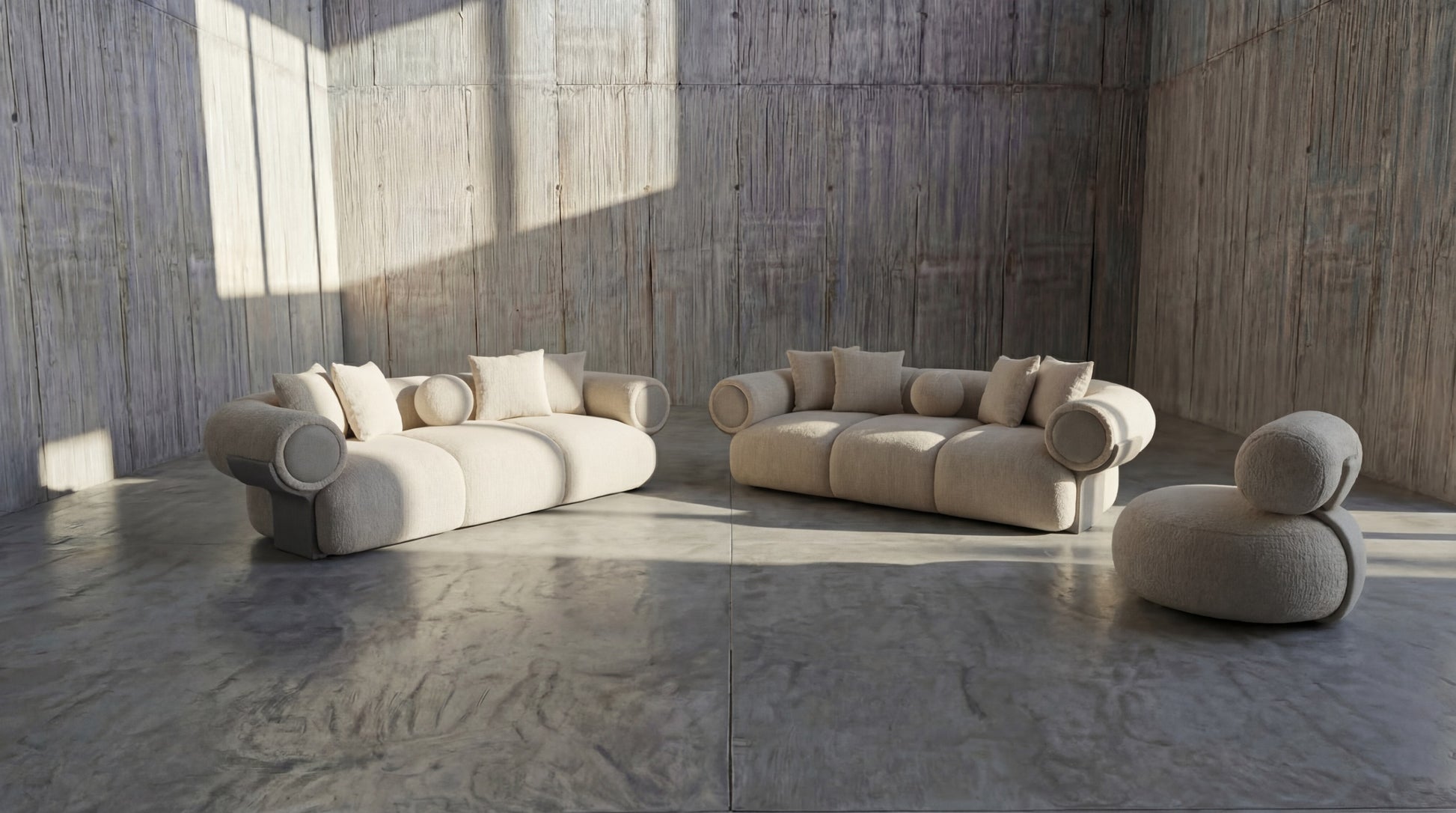 Modern beige sofa set in a minimalistic room with wooden walls and floor.