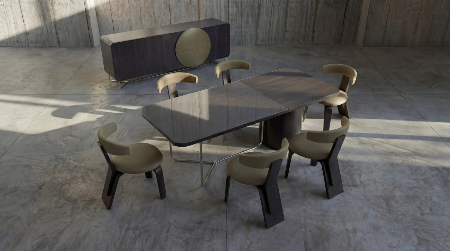 Modern dining table with chairs in a minimalistic setting