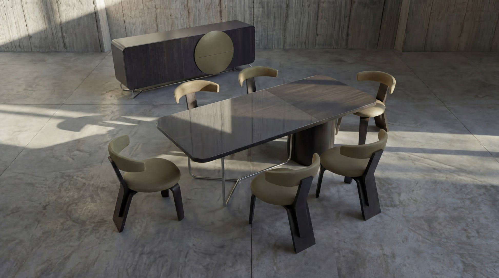 Modern dining table with chairs in a minimalistic setting