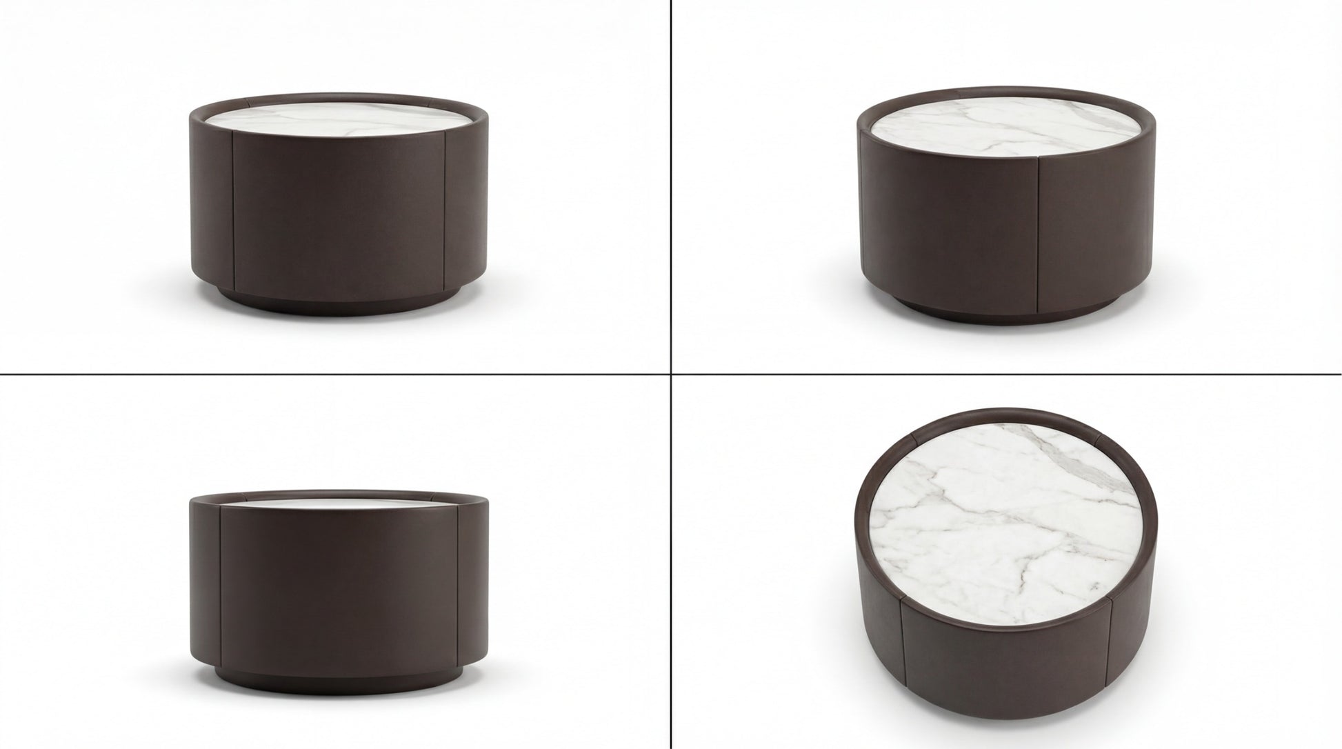 Four views of a nightstand with a marble base