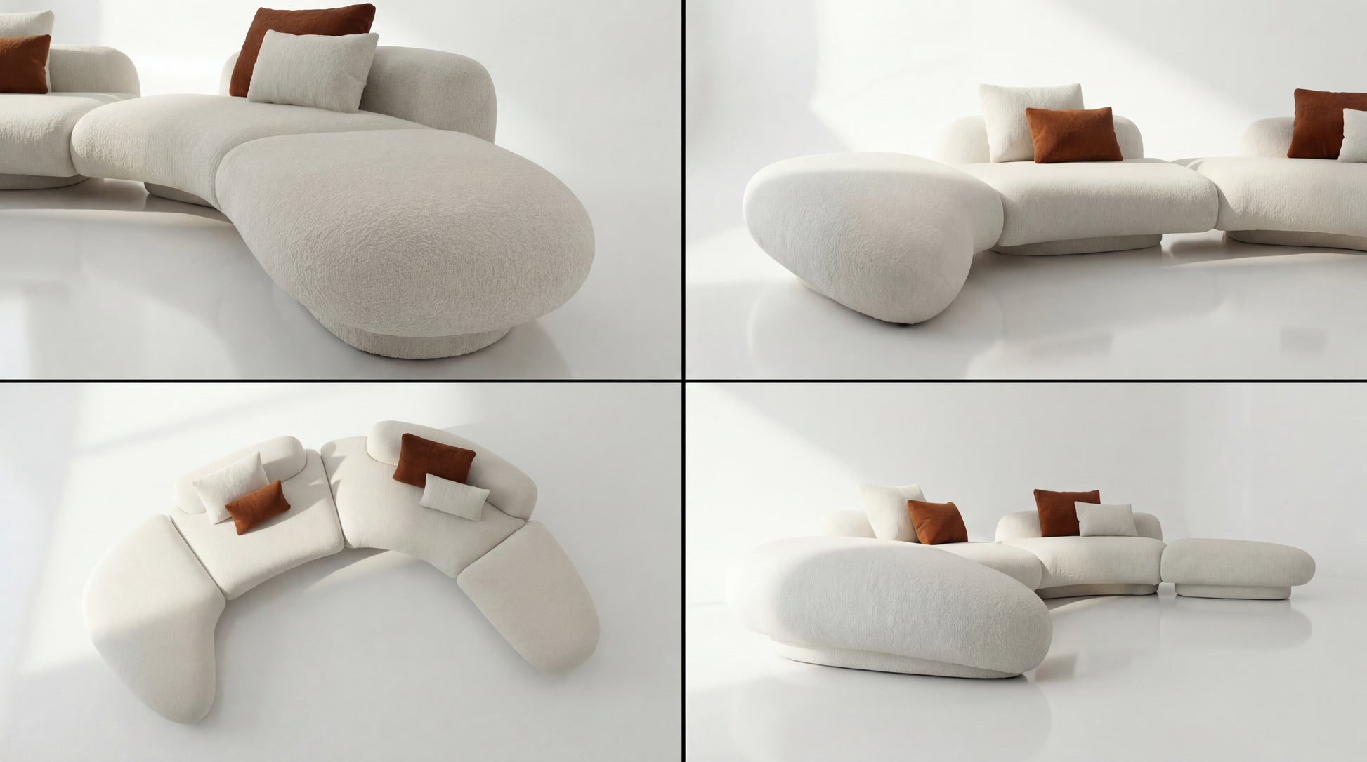 Modern white sofa with brown cushions on a white background