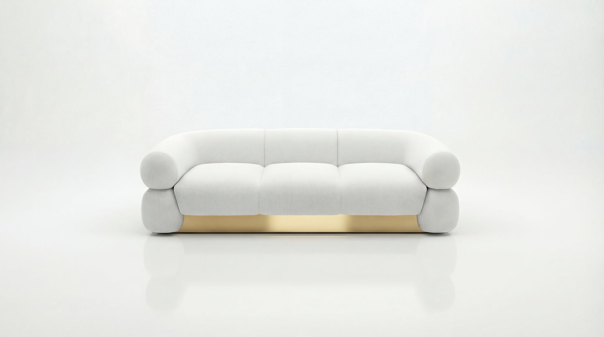 White sofa with gold accents on a white background