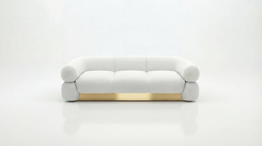 White sofa with gold accents on a white background