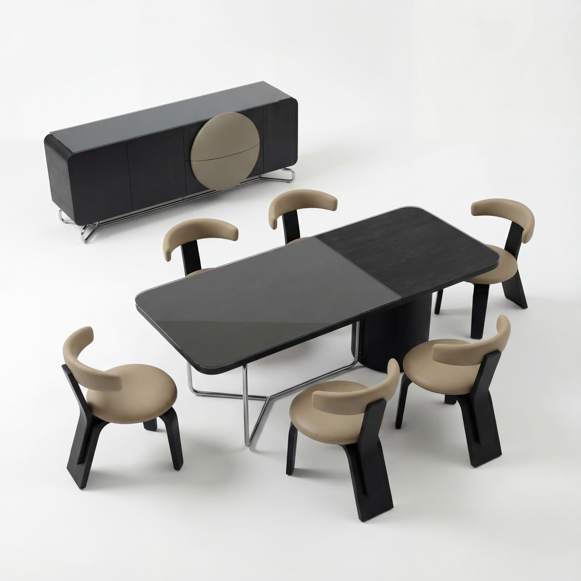 Modern dining set with black table and chairs on a white background