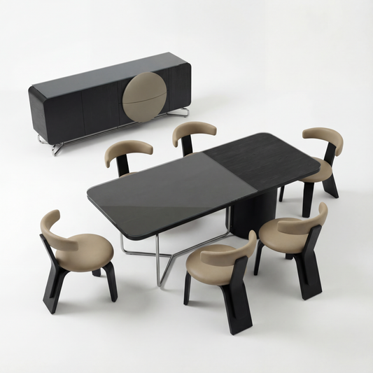 Modern dining set with black table and chairs on a white background
